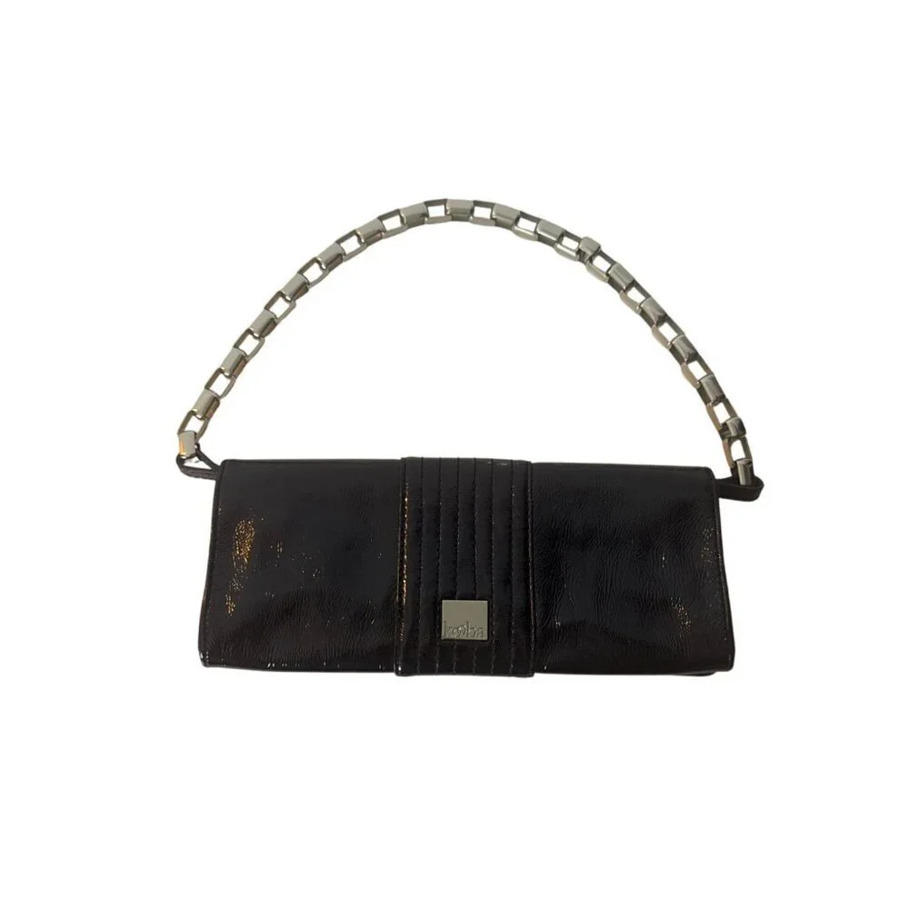 Kooba Black Patent Leather Chain Strap Clutch Purse With Quilted Detail & Metal